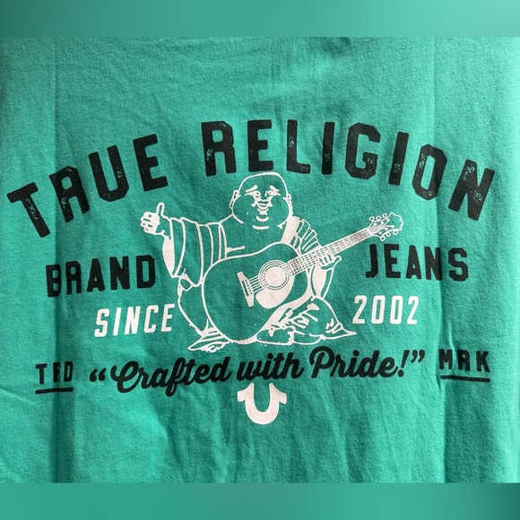 True Religion Medium Tshirt Turquoise Aqua Buddha with a Guitar Horseshoe Men’s - Picture 5 of 7